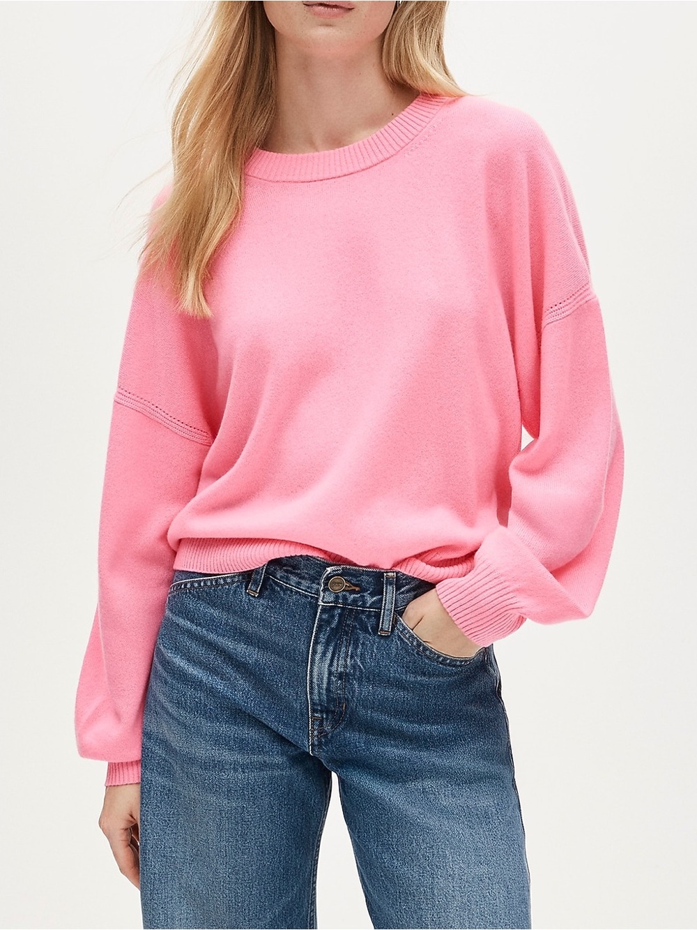 NWT J.Crew Neon Geranium Pink Cashmere blouson-sleeve sweater Sz L